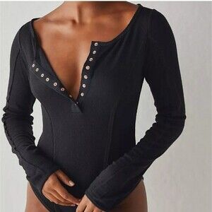 Free People Sloane Stretch Bodysuit Long Sleeves Snap Button Front Size XS Black